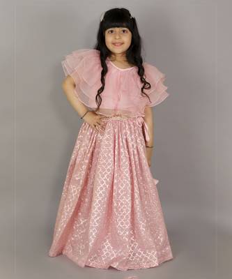 Light pink organza ruffled blouse with cotton zari lehnga 1