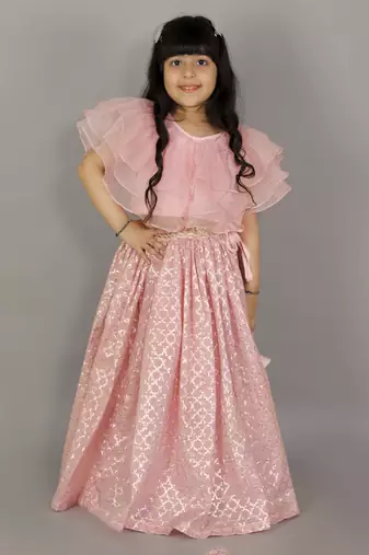 Light pink organza ruffled blouse with cotton zari lehnga