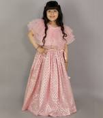 Light pink organza ruffled blouse with cotton zari lehnga
