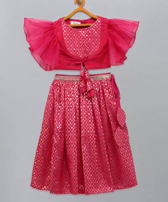 Fuschia pink ruffled blouse with cotton zari lehnga 5