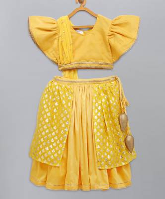 Mustard blouse with attached net dupatta and double layered lehnga 4