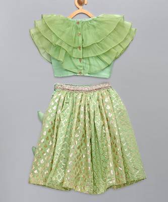 Lime green organza ruffled blouse with cotton zari lehnga 2