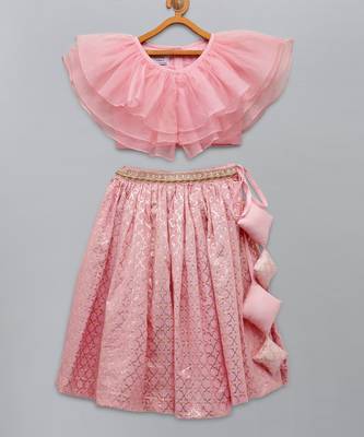 Light pink organza ruffled blouse with cotton zari lehnga 3