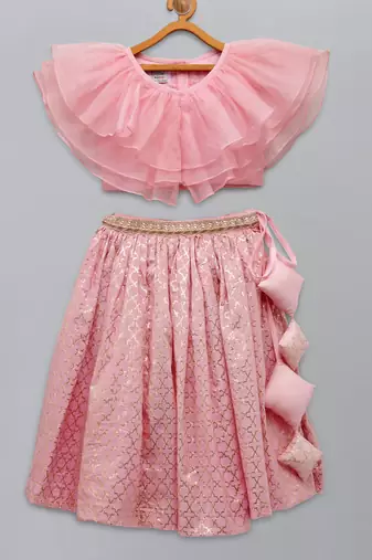 Light pink organza ruffled blouse with cotton zari lehnga