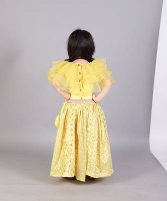 Lime yellow organza ruffled blouse with cotton zari lehnga 2
