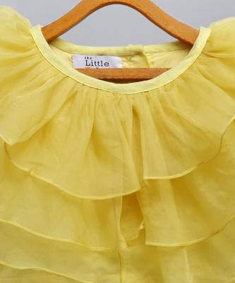 Lime yellow organza ruffled blouse with cotton zari lehnga 3