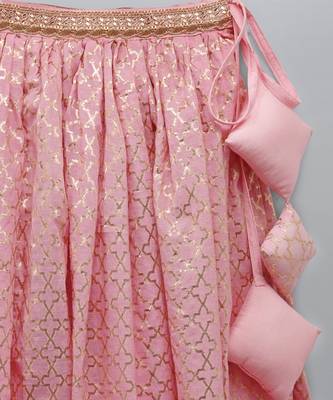 Light pink organza ruffled blouse with cotton zari lehnga 5