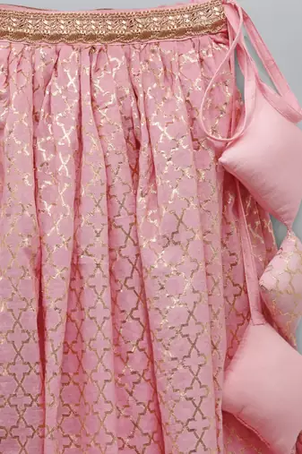 Light pink organza ruffled blouse with cotton zari lehnga