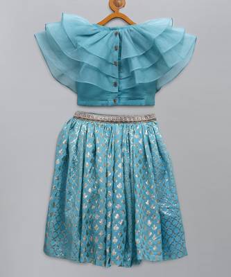 Blue organza ruffled blouse with cotton zari lehnga 2