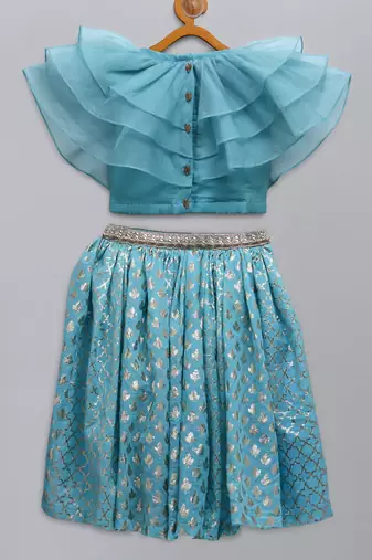 Blue organza ruffled blouse with cotton zari lehnga