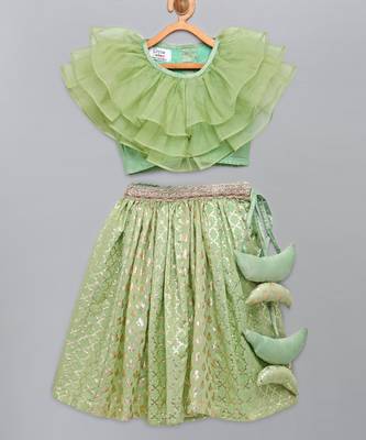 Lime green organza ruffled blouse with cotton zari lehnga 1