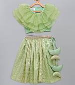 Lime green organza ruffled blouse with cotton zari lehnga