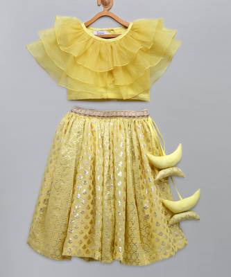 Lime yellow organza ruffled blouse with cotton zari lehnga 4