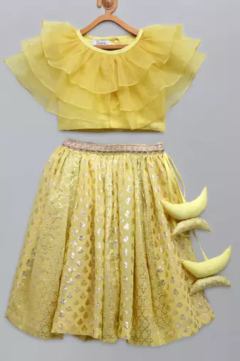Lime yellow organza ruffled blouse with cotton zari lehnga