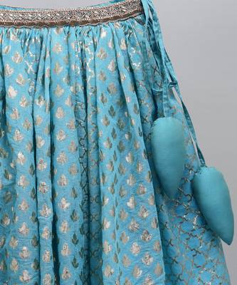 Blue organza ruffled blouse with cotton zari lehnga 3