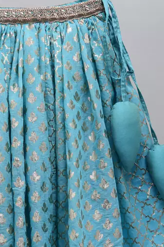 Blue organza ruffled blouse with cotton zari lehnga