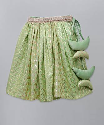 Lime green organza ruffled blouse with cotton zari lehnga 5