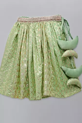 Lime green organza ruffled blouse with cotton zari lehnga