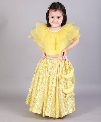 Lime yellow organza ruffled blouse with cotton zari lehnga 1
