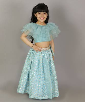 Blue organza ruffled blouse with cotton zari lehnga 1