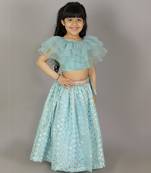 Blue organza ruffled blouse with cotton zari lehnga