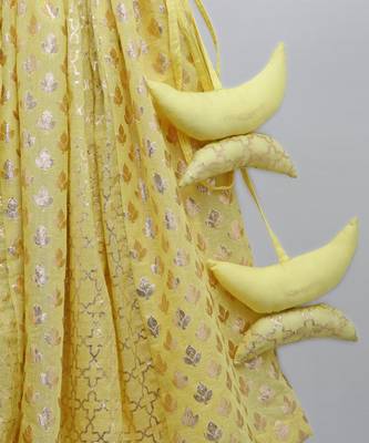 Lime yellow organza ruffled blouse with cotton zari lehnga 5