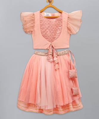 Peach frilly top with double layered net lehnga 3