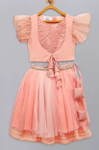 Peach frilly top with double layered net lehnga