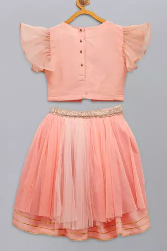 Peach frilly top with double layered net lehnga