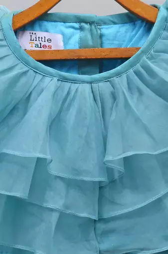 Blue organza ruffled blouse with cotton zari lehnga