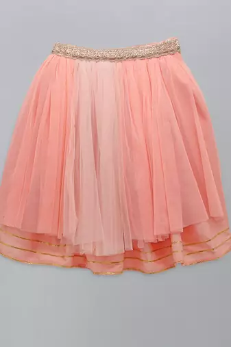 Peach frilly top with double layered net lehnga
