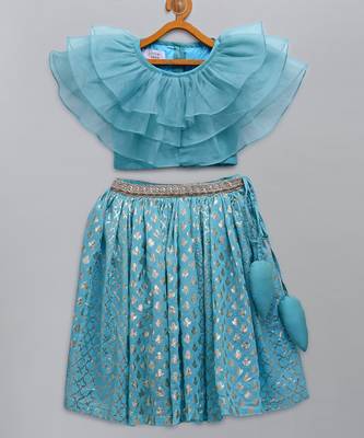 Blue organza ruffled blouse with cotton zari lehnga 5