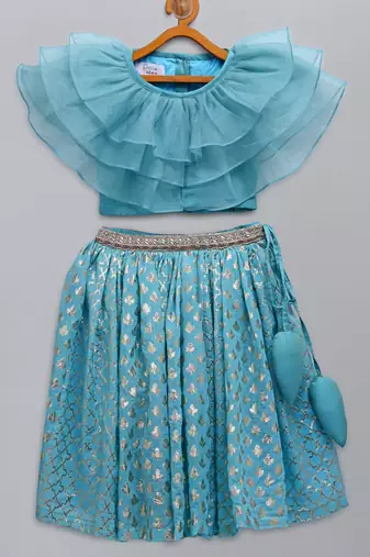 Blue organza ruffled blouse with cotton zari lehnga