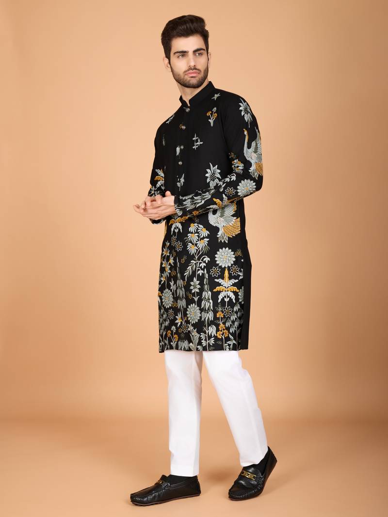 Black rayon thread & sequins embroidered work wedding ceremony festival marriage party wear straight kurta
