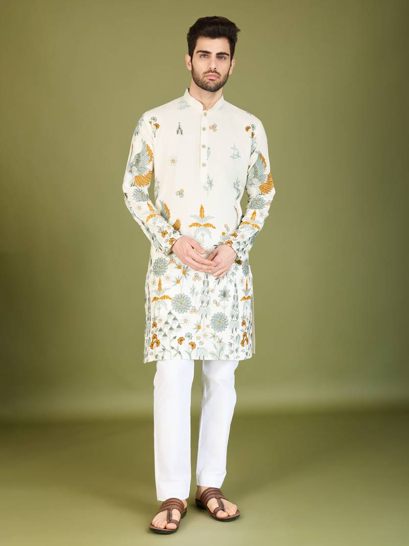 White rayon thread & sequins embroidered work wedding ceremony festival marriage party wear straight kurta
