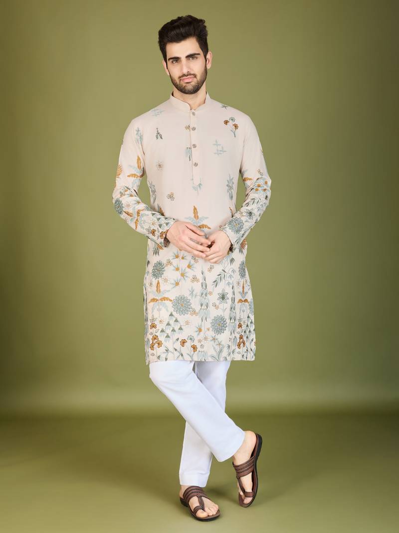 Off White rayon thread & sequins embroidered work wedding ceremony festival marriage party wear straight kurta
