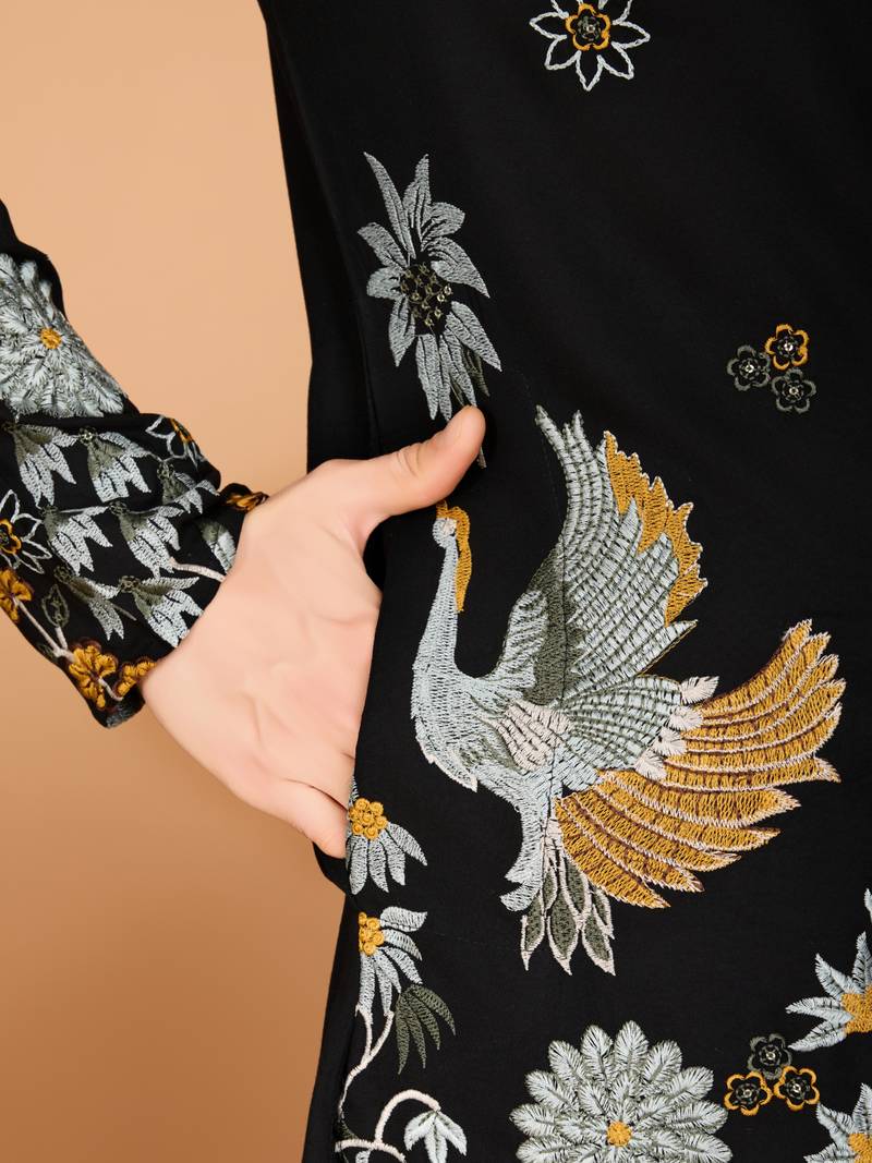 Black rayon thread & sequins embroidered work wedding ceremony festival marriage party wear straight kurta