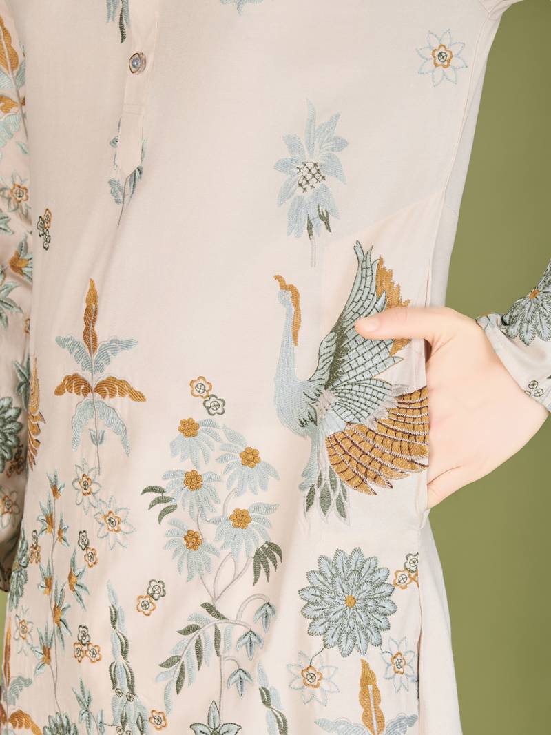 Off White rayon thread & sequins embroidered work wedding ceremony festival marriage party wear straight kurta