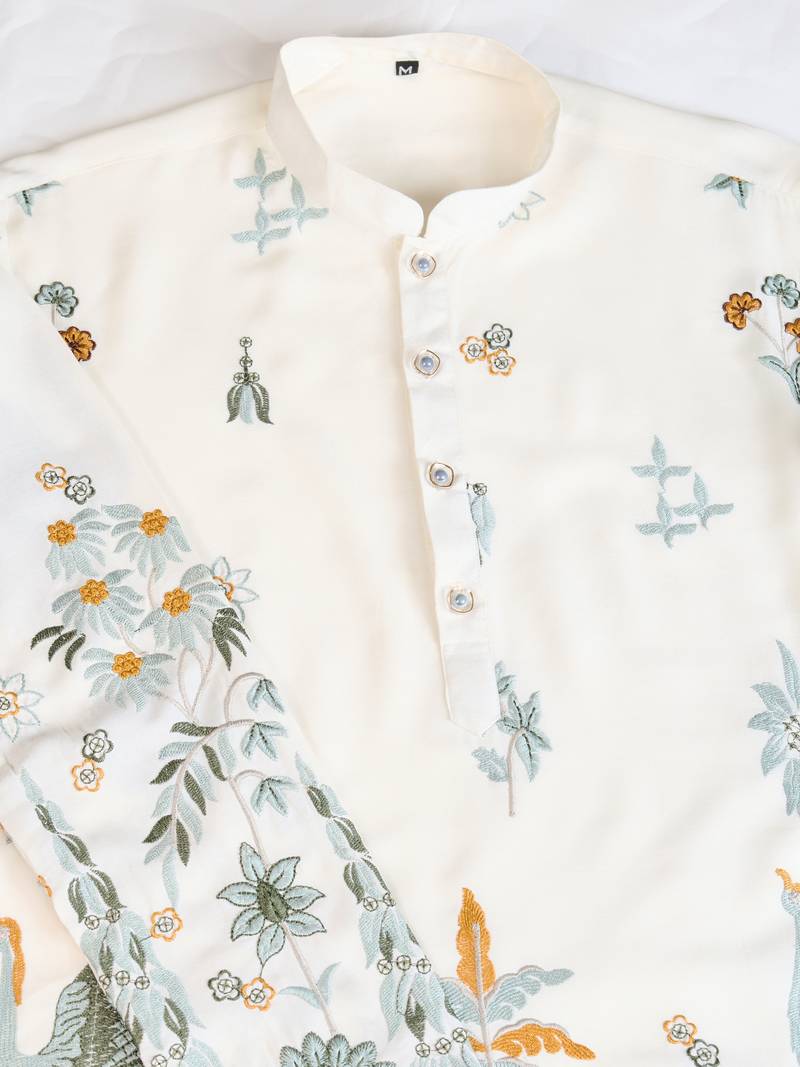 White rayon thread & sequins embroidered work wedding ceremony festival marriage party wear straight kurta