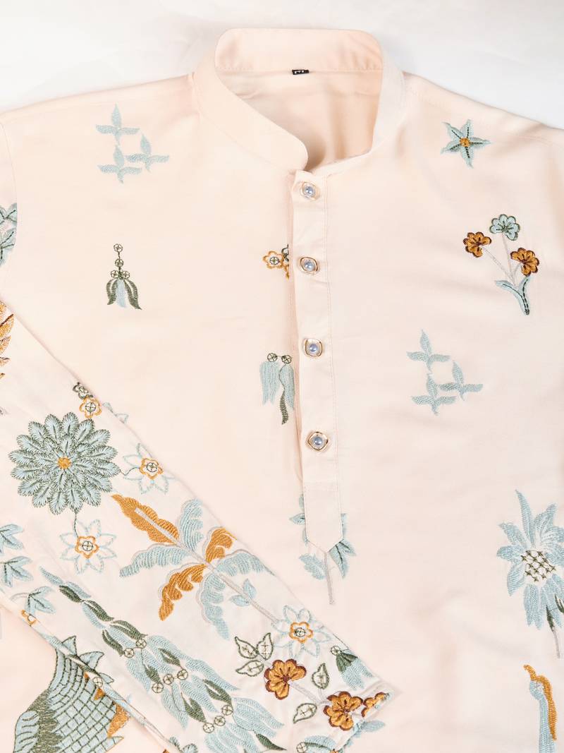 Off White rayon thread & sequins embroidered work wedding ceremony festival marriage party wear straight kurta