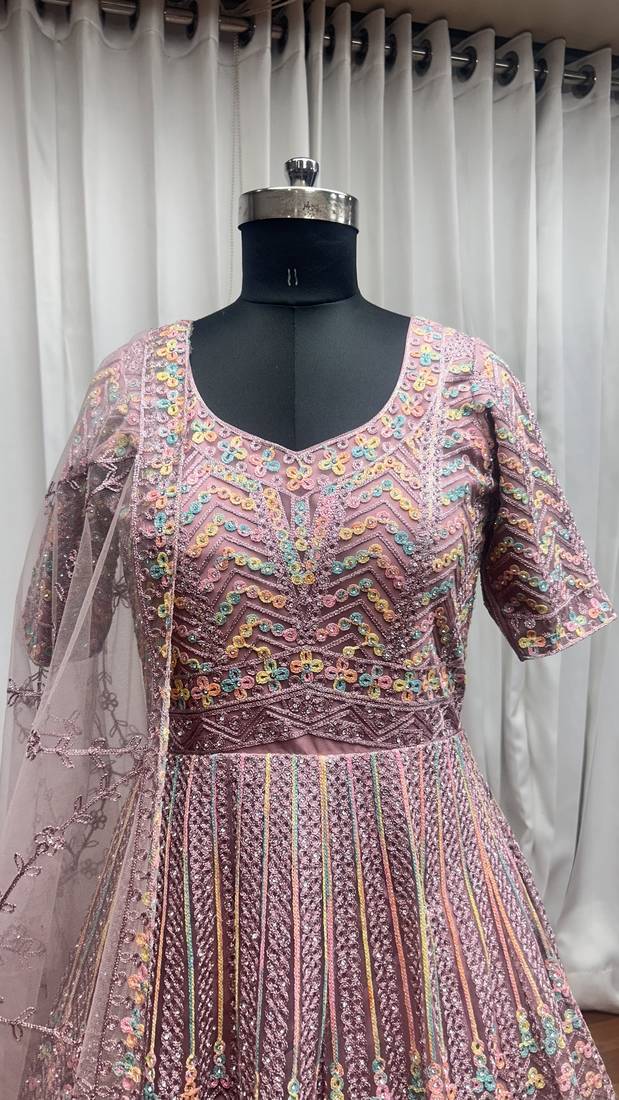 Peach thread embroidered work with zarkan net anarkali salwar suit palazzo with dupatta fstive stitched long gown