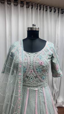 Light green thread embroidered work with zarkan net anarkali salwar suit palazzo with dupatta fstive stitched long gown 7