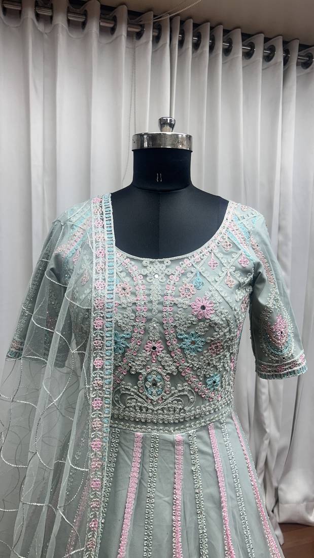 Light green thread embroidered work with zarkan net anarkali salwar suit palazzo with dupatta fstive stitched long gown