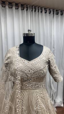 Beige thread embroidered work with zarkan net anarkali salwar suit palazzo with dupatta fstive stitched long gown 7