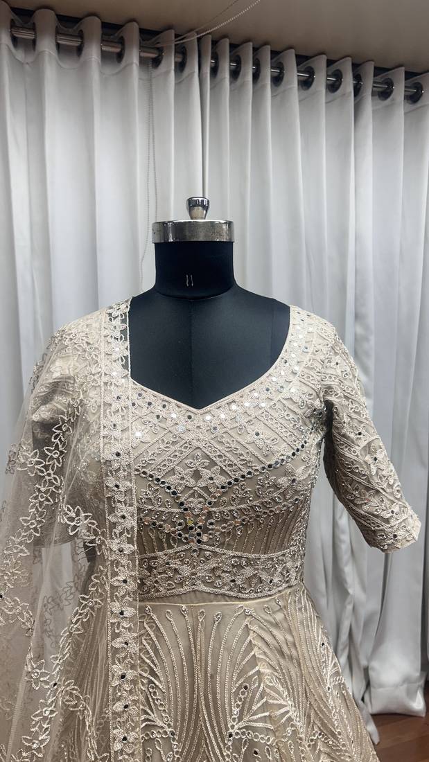 Beige thread embroidered work with zarkan net anarkali salwar suit palazzo with dupatta fstive stitched long gown