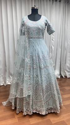 Sky blue thread embroidered work with zarkan net anarkali salwar suit palazzo with dupatta fstive stitched long gown 7