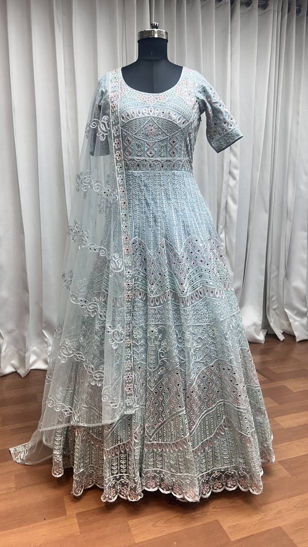 Sky blue thread embroidered work with zarkan net anarkali salwar suit palazzo with dupatta fstive stitched long gown