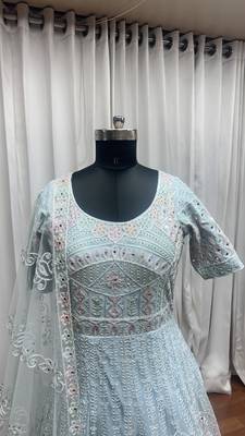 Sky blue thread embroidered work with zarkan net anarkali salwar suit palazzo with dupatta fstive stitched long gown 8