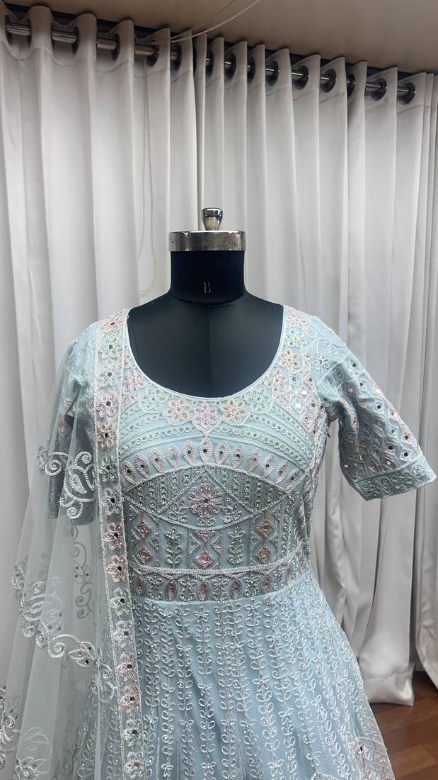 Sky blue thread embroidered work with zarkan net anarkali salwar suit palazzo with dupatta fstive stitched long gown