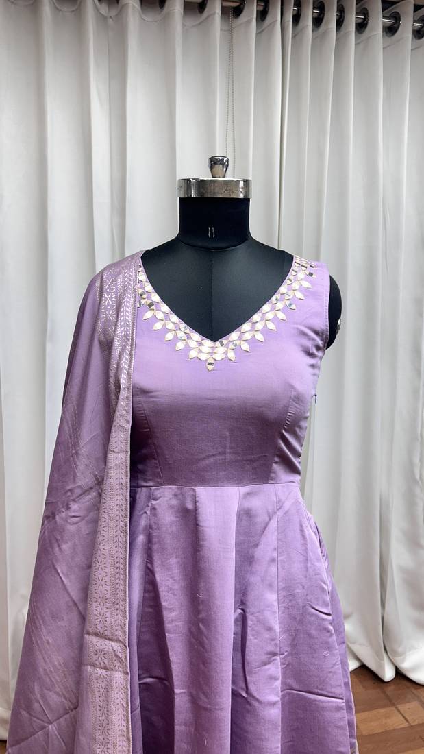 Lavender foil print with mirror work roman silk anarkali salwar suit palazzo with dupatta fstive stitched long gown